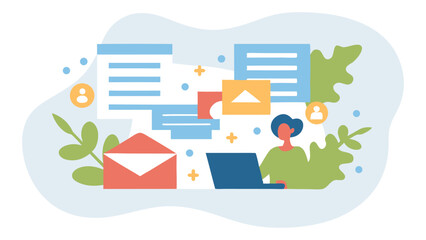 Wall Mural - illustration of a person working on a laptop with email and document icons around them online activi