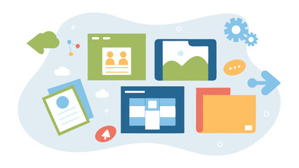 Wall Mural - illustration of multiple digital interfaces with documents and settings on light background