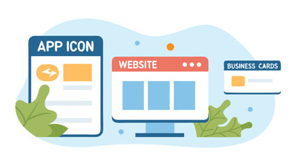 Wall Mural - illustration of app icon design website and business cards with leaf accents on a light blue backgro