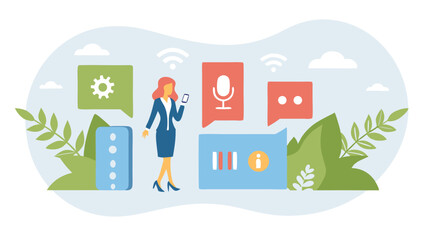 Wall Mural - woman using smartphone with speech bubbles and icons representing communication and technology servi