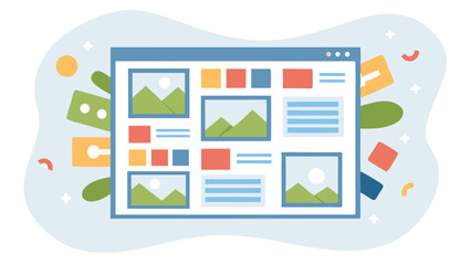 Wall Mural - illustration of a website layout with images, text and colorful shapes around it displayed