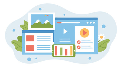 Wall Mural - illustration of various digital interfaces including a video player and bar graph on phone