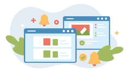 Wall Mural - two browser windows with content blocks and notification bells on a light background illustration