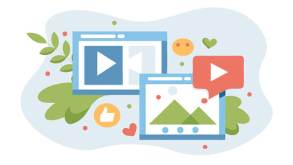 Wall Mural - illustration of video and image content with like button and heart icons on a light background