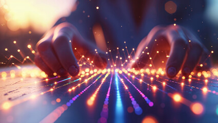 Hands interacting with digital data represented by glowing lines and light