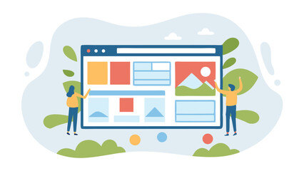 People interacting with a large screen displaying a website layout with various elements present