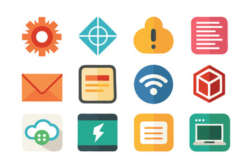 Modern flat design icons representing technology and web development concepts