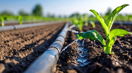 Wall Mural - a wide-angle view of a drip irrigation system in dry farmland, rubber hoses neatly laid between crop rows, water droplets clinging to dark soil, clean background with soft light