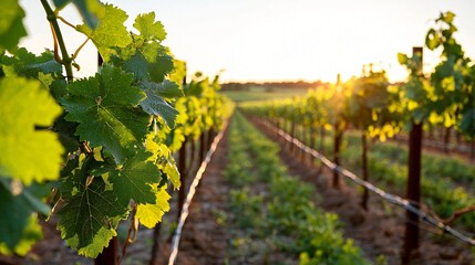Wall Mural - a grapevine field in early morning light with organized trellises guiding the eye forward, green and vibrant leaves, moist soil beneath each row, soft haze at horizon, fine realistic detail