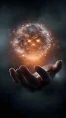 Wall Mural - glowing sphere of atomic icons orbiting above outstretched fingers