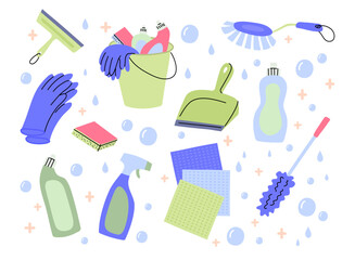 cartoon color different cleaning supplies floating set housework concept flat design style. vector i