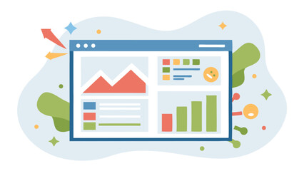 Illustration of a dashboard with charts and graphs surrounded by abstract shapes and sparkles
