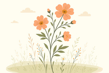 elegant wildflower illustration of orange cosmos flowers in a spring meadow. botanical vector art fo