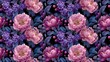 © W.O.W - Seamless pattern with delicate pink and blue peony flowers on dark background. Floral design for fabric, textile, wallpaper, printing, spring, summer.