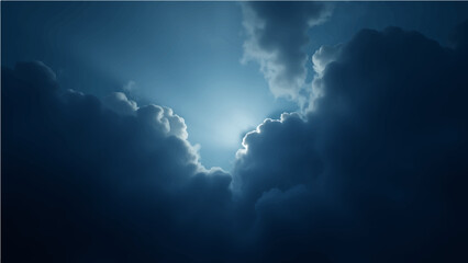 Abstract dark blue sky with light rays and a hint of smoke texture.