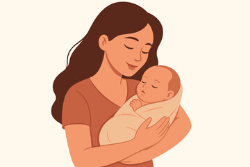 Loving mother holding her sleeping newborn baby. Tender maternal embrace illustration. Happy motherhood, maternity, and family concept. Woman cuddling her swaddled infant child.