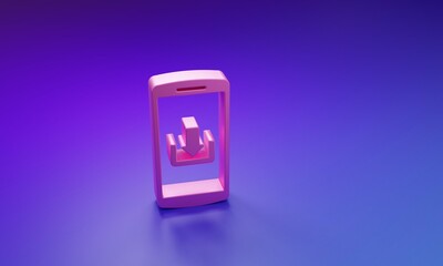 Wall Mural - Pink Smartphone with download icon isolated on purple-blue background. Minimalism concept. 3D render illustration