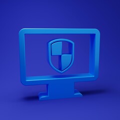 Wall Mural - blue monitor and shield icon isolated on blue background. computer security, firewall technology, in