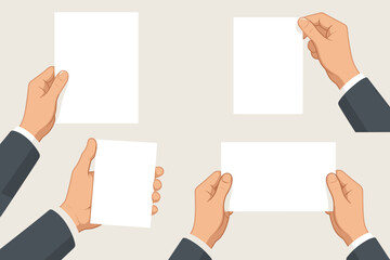 Collection of businessman hands holding blank white sheets of paper. Vector mockup for message, poster, or business card. Man in suit presenting an empty document or note template.