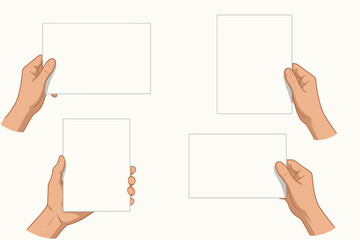 Set of hands holding blank white paper. Vector illustration mockup for presentation, flyer, or poster. Man's hand showing an empty sheet. Card display template collection.