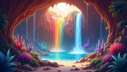 Wall Mural - A vibrant and surreal landscape features a rainbow waterfall cascading into a serene pool, surrounded by lush, colorful vegetation. Sunlight filters through the cave's opening, casting a magical glow 