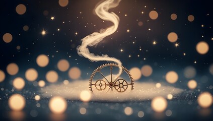 Wall Mural - A pair of interlocking gears rests on a surface surrounded by a dreamy array of glowing lights. A wisp of smoke spirals upward from the gears, adding a mystical touch to the scene.