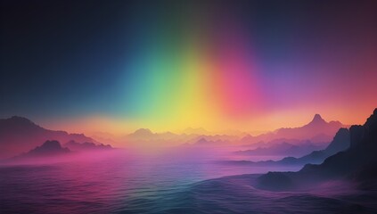 Wall Mural - Vibrant colors illuminate the sky, blending seamlessly with the silhouette of distant mountains. The scene captures a serene and mystical atmosphere