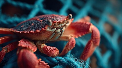 Detailed close-up image captures the intricate beauty of a crab resting on a net