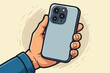 © Katlin - Hand holding modern smartphone with triple camera system. Mobile technology, photography and communication concept. Vector cartoon illustration of a person using a cell phone gadget.