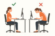 © Marie - Correct and incorrect posture for sitting at a desk. Woman working on a computer. Good vs bad ergonomic position. Spine health and back pain prevention. Office syndrome concept.