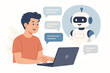 © Marie - Man chatting with AI chatbot on a laptop. User conversation with a virtual assistant bot for customer support. Online help service with a friendly robot. Artificial intelligence concept.