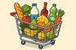 © Mario - Grocery shopping cart overflowing with fresh food. Supermarket trolley filled with healthy produce, fruits, vegetables, dairy, bread and drinks. Consumer retail purchase concept.
