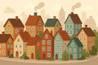 © Mario - Scandinavian cityscape with colorful houses. Cozy town street scene in a European village. Urban neighborhood background with retro flat design. Real estate and community living concept.
