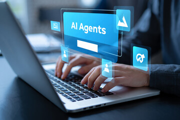 Person using laptop with AI Agents interface showing data analytics and user profiles