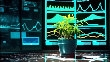 Technology and Nature: A vibrant potted plant flourishes amidst cutting-edge digital interfaces, symbolizing growth, innovation, and the harmonious fusion of nature and technology.