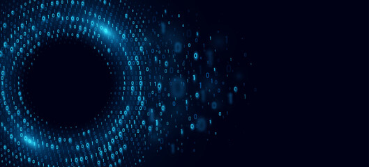 Dynamic circular flow of glowing binary code forming a digital vortex. Big data visualization in cyberspace. Technology network background. AI programming machine. Vector illustration.