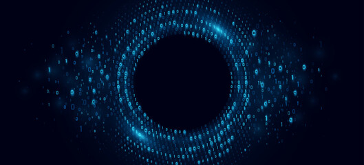Futuristic circular flow of glowing binary code forming a digital vortex. Big data visualization in cyberspace. Technology network background. AI programming machine. Vector illustration.