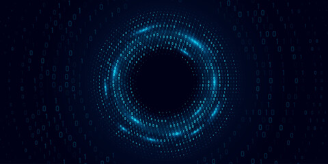 Circular abstract flow of glowing binary code forming a digital vortex. Big data visualization in cyberspace. Technology network background. AI programming machine. Vector illustration.