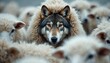 © Pete - Wolf disguised sheep clothing, surrounded by sheep. Symbolic image of deception, hidden intentions. Predator amidst prey. Concept of illusion. Metaphor of hidden danger in plain sight. Wolf eye shows