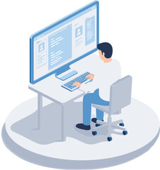 Man coding on desktop, software developer at workstation, writing programming code, IT professional setup, computer engineer workspace, digital development concept
 flat vector illustration