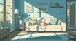 © Salieri - A fluffy gray cat relaxing on a white sofa in a bright living room, illustrated in soft Japanese anime style. Peaceful sunlight, indoor plant, and cozy interior design. Ideal for posters, decor, and d