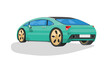 © thongchainak - Sleek turquoise cartoon style car. With gold wheels is shown from a rear three quarter view on a white background. It has tinted windows and a dark roof suggesting a modern sporty design.