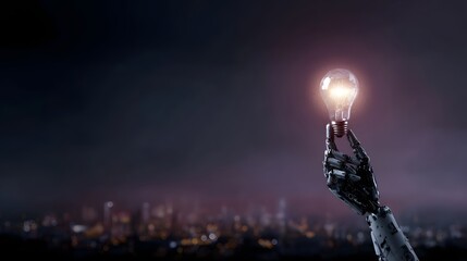 Canvas Print - robot hand holding a glowing bulb against a futuristic city skyline