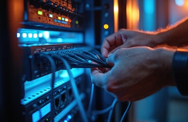 computer technician connects network cables in server room. man works with server equipment, fixes c