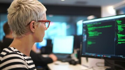Blonde Woman With Red Glasses Focused on Computer Screen Displaying Green Code in Modern Office Setting