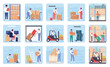 © Flash Vector - People work in warehouse, logistic service set vector illustration. Cartoon worker characters carry cardboard boxes, using forklift to load parcel packages in storage building interior background