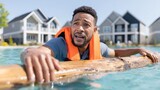 Man in life vest clings to log in flooded water, looking worried with homes in background.
