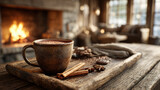 Rustic mug of hot chocolate sits on wooden tray with cinnamon sticks, in cozy room with fireplace