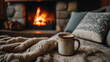 © Teeradej - Cozy scene with warm mug on blanket in front of fireplace