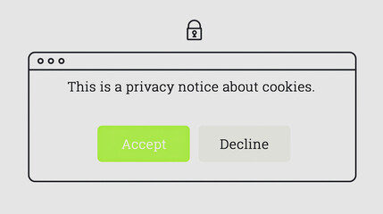 Privacy Notice Acceptance: A digital privacy notice pops up on a computer screen, offering options to accept or decline the use of cookies, emphasizing the importance of data privacy.